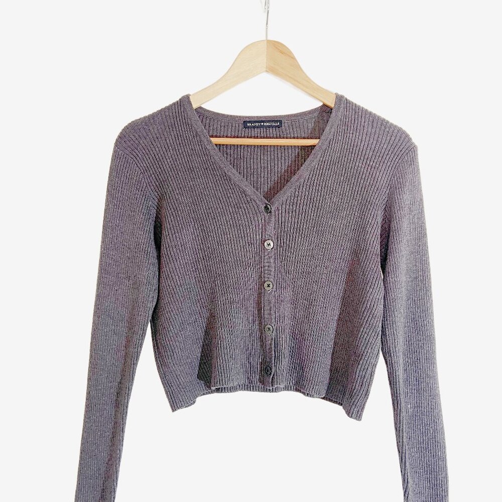BRANDY MELVILLE Gray Cotton Ribbed Knit Cropped Cardigan Sweater / size Small